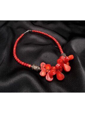 Rare Find Vintage Red Coral Beaded Necklace With Silver-Tone Accents